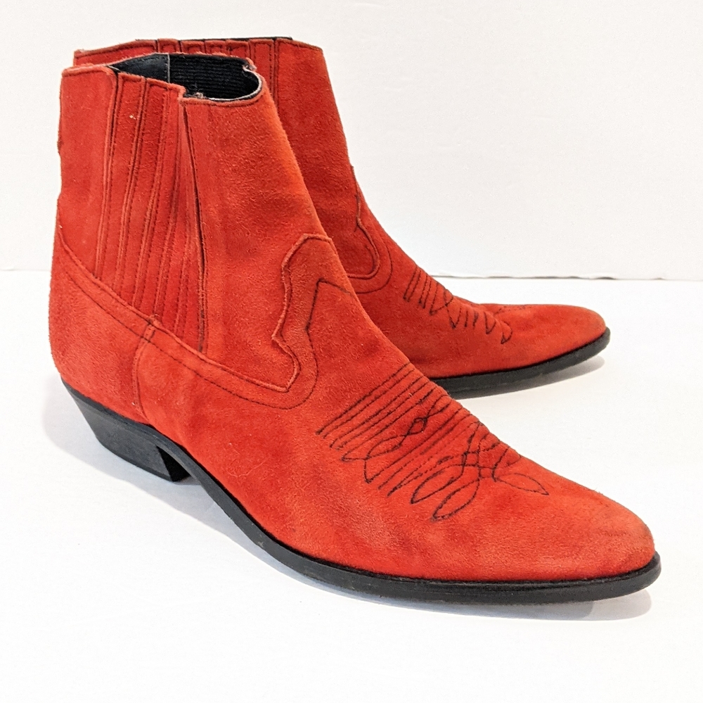 💜 Vintage women’s red suede cowboy ankle boots sz 7